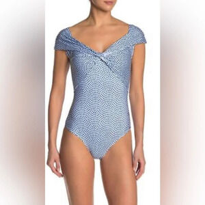 Nicole Miller blue print twist front off the shoulder swimsuit